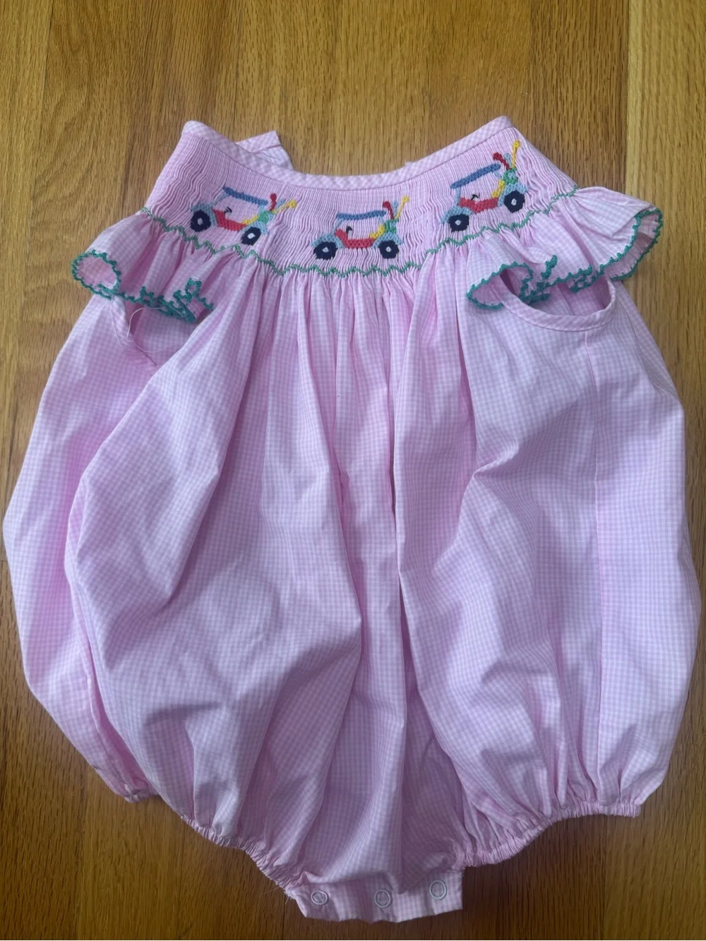 Stitchy Fish- Gingham Pink Golf Bubble Romper 12-18 mo